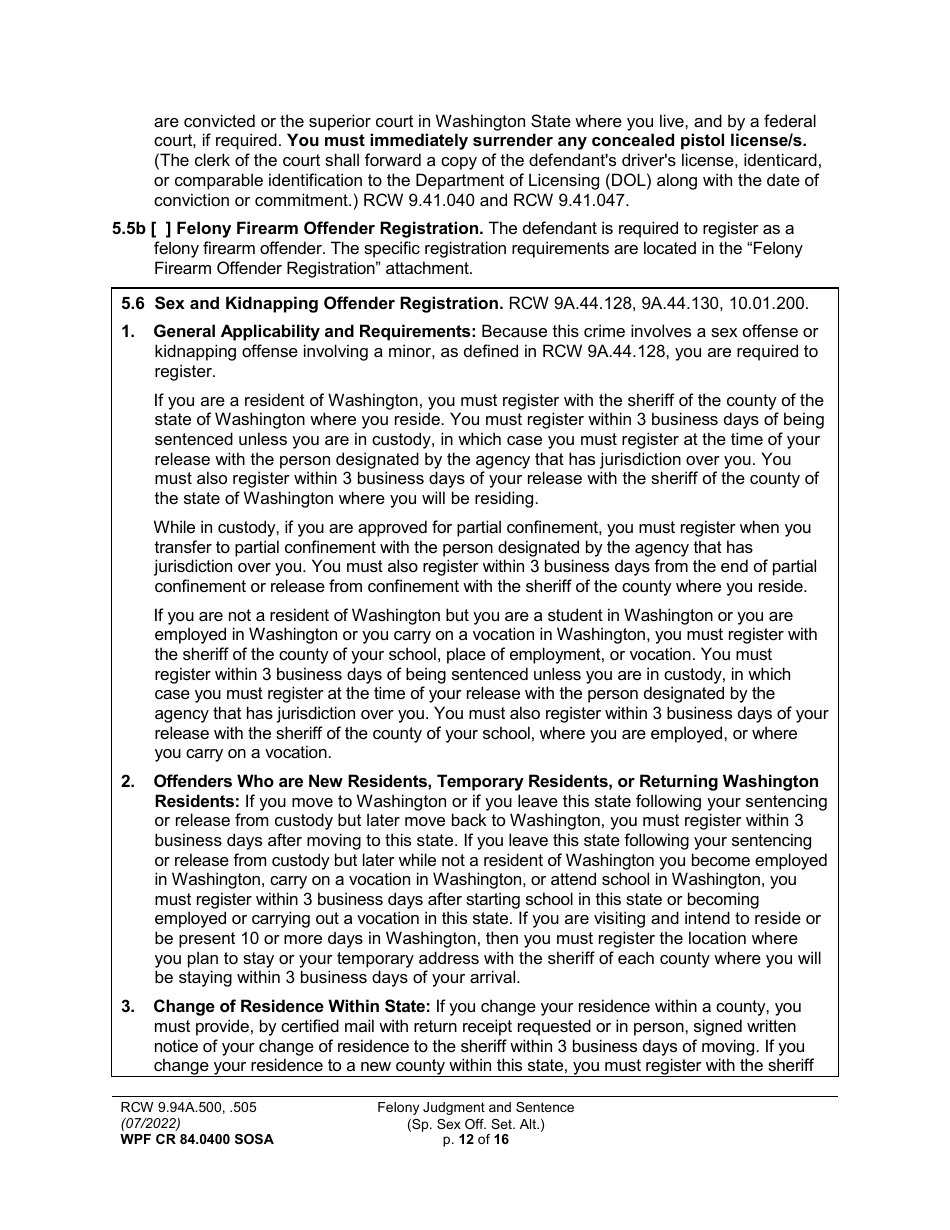 Form WPF CR84.0400 SOSA Felony Judgment and Sentence - Special Sex Offender Sentencing Alternative - Washington, Page 12