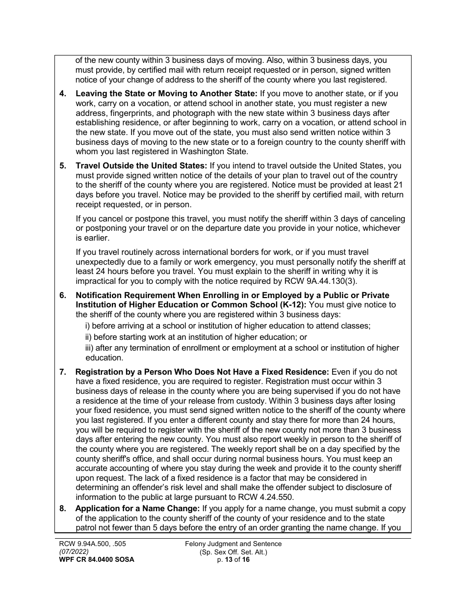 Form WPF CR84.0400 SOSA Felony Judgment and Sentence - Special Sex Offender Sentencing Alternative - Washington, Page 13