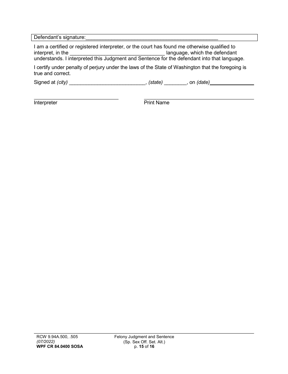 Form WPF CR84.0400 SOSA Felony Judgment and Sentence - Special Sex Offender Sentencing Alternative - Washington, Page 15