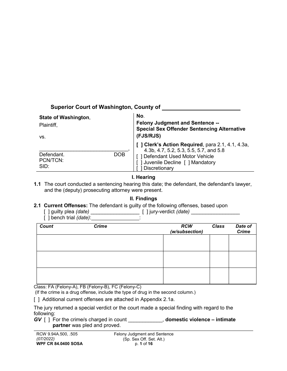 Form WPF CR84.0400 SOSA Felony Judgment and Sentence - Special Sex Offender Sentencing Alternative - Washington, Page 1