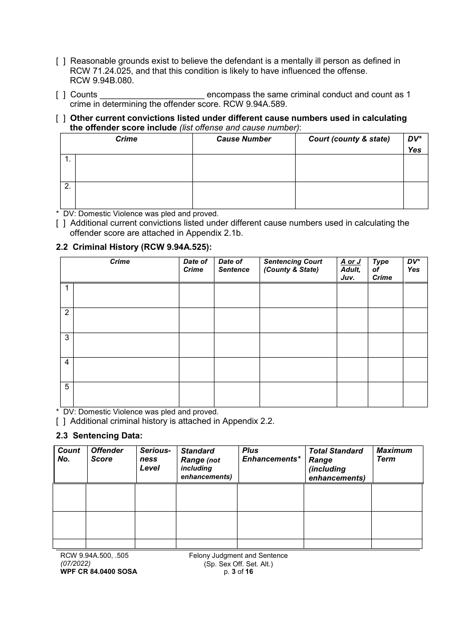 Form WPF CR84.0400 SOSA Felony Judgment and Sentence - Special Sex Offender Sentencing Alternative - Washington, Page 3