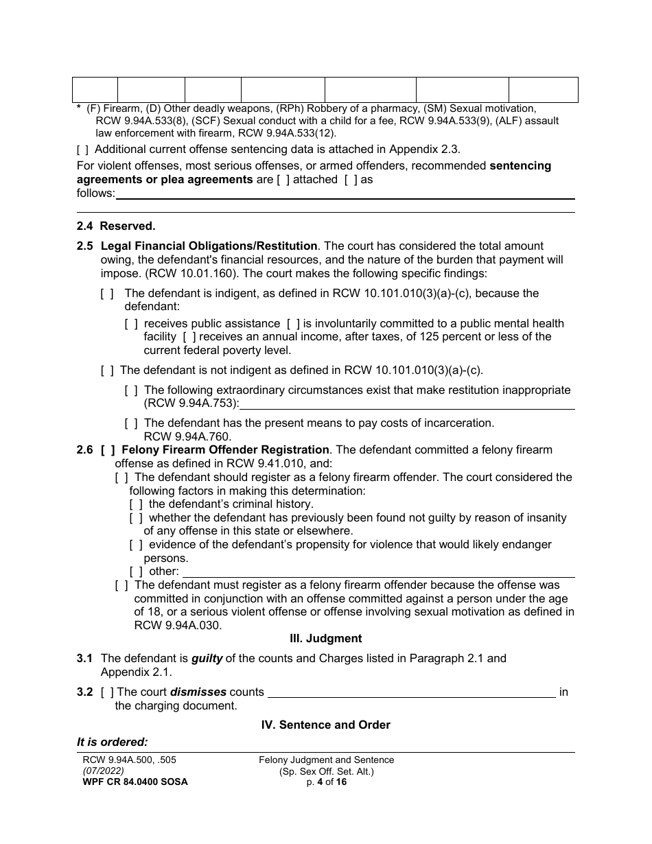 Form WPF CR84.0400 SOSA Felony Judgment and Sentence - Special Sex Offender Sentencing Alternative - Washington, Page 4