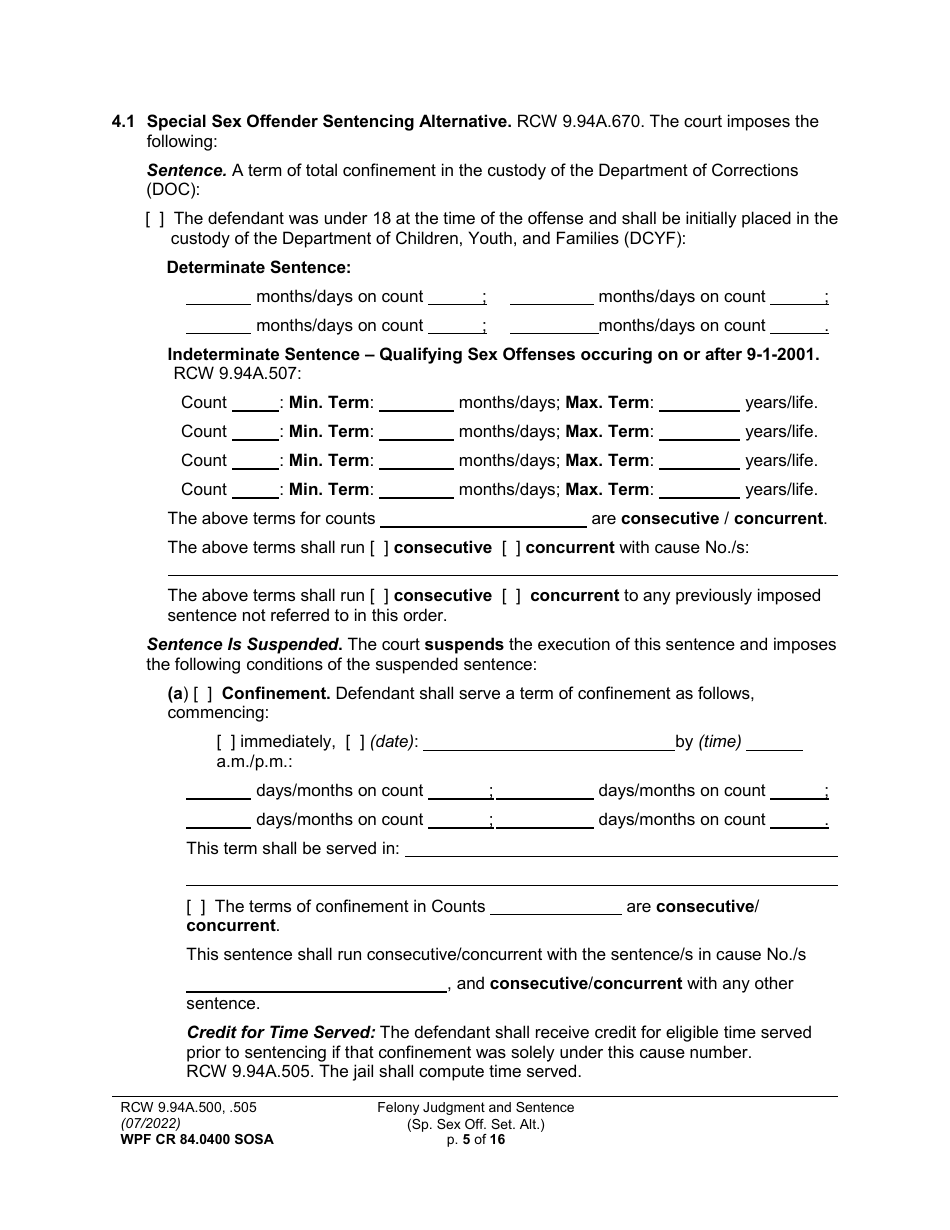 Form WPF CR84.0400 SOSA Felony Judgment and Sentence - Special Sex Offender Sentencing Alternative - Washington, Page 5
