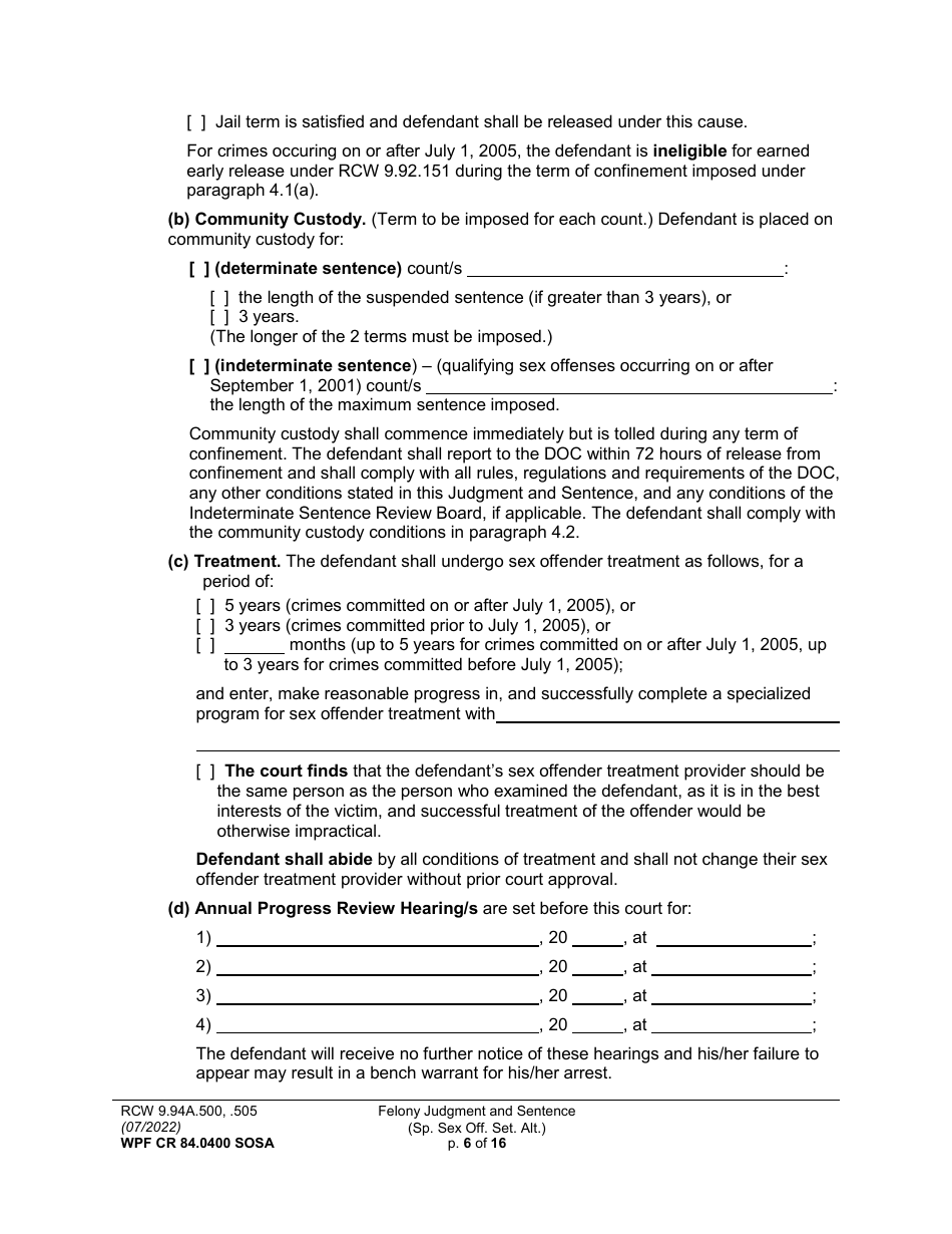 Form WPF CR84.0400 SOSA Felony Judgment and Sentence - Special Sex Offender Sentencing Alternative - Washington, Page 6