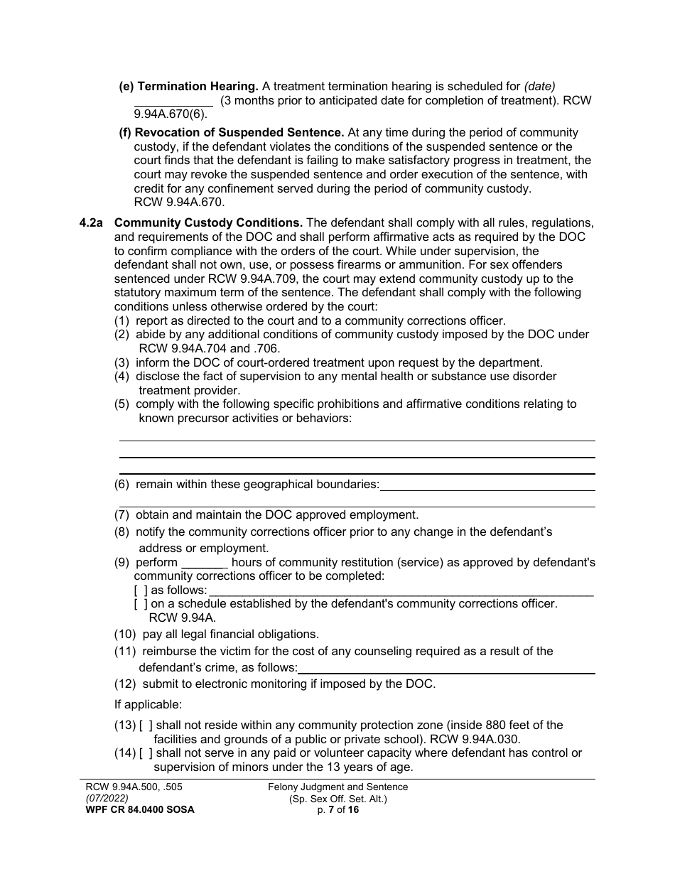 Form WPF CR84.0400 SOSA Felony Judgment and Sentence - Special Sex Offender Sentencing Alternative - Washington, Page 7