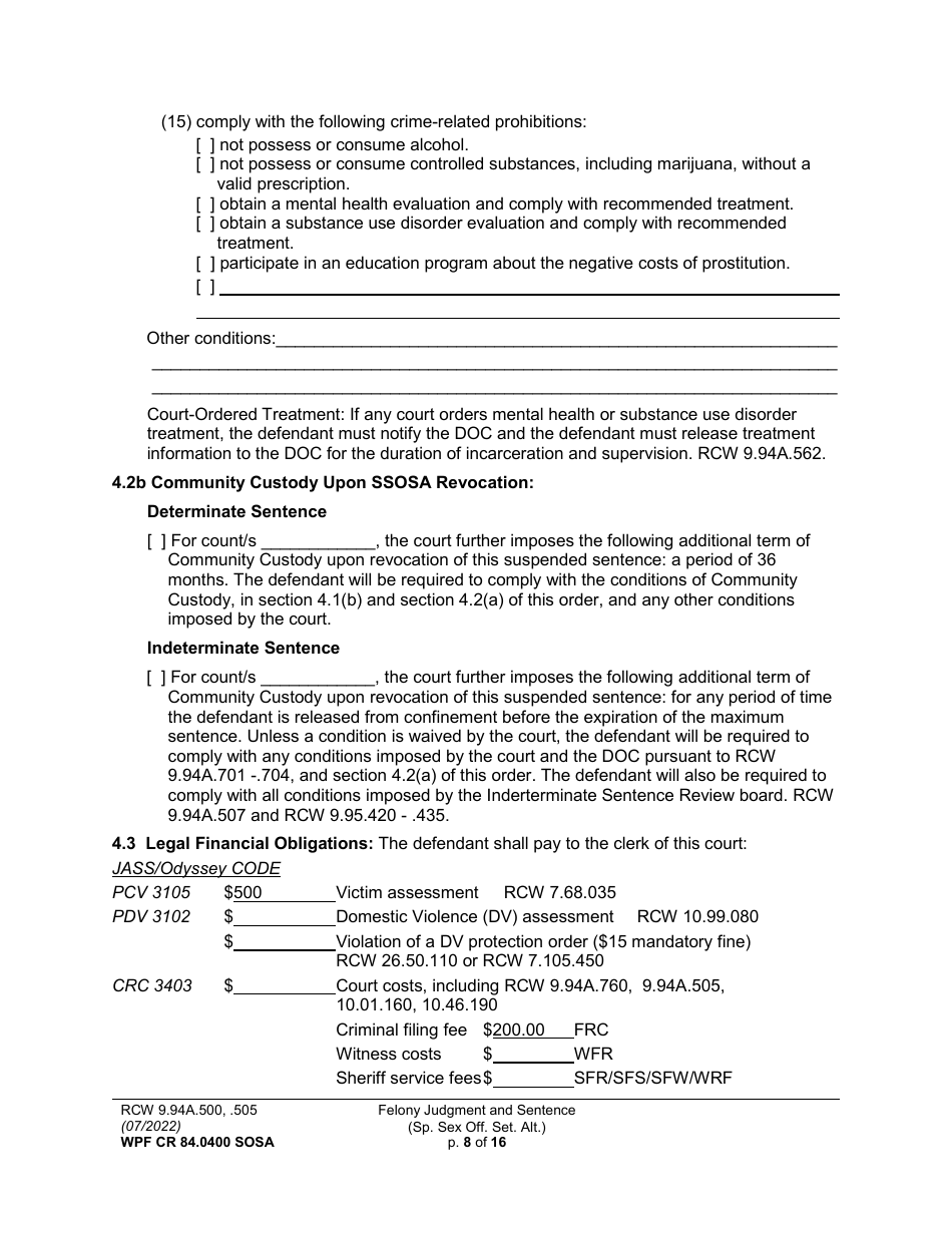 Form WPF CR84.0400 SOSA Felony Judgment and Sentence - Special Sex Offender Sentencing Alternative - Washington, Page 8