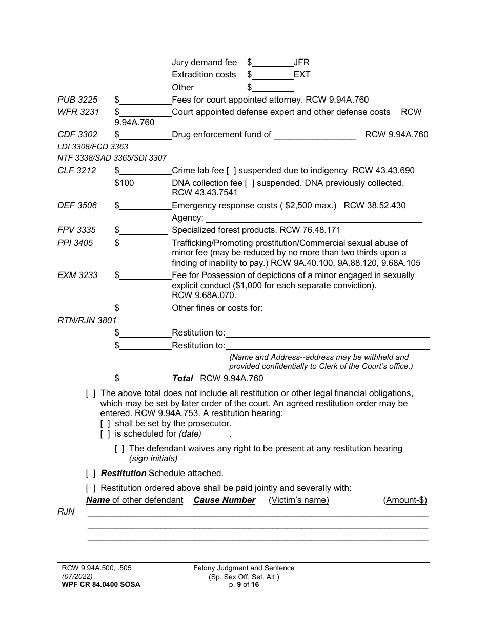Form WPF CR84.0400 SOSA Felony Judgment and Sentence - Special Sex Offender Sentencing Alternative - Washington, Page 9