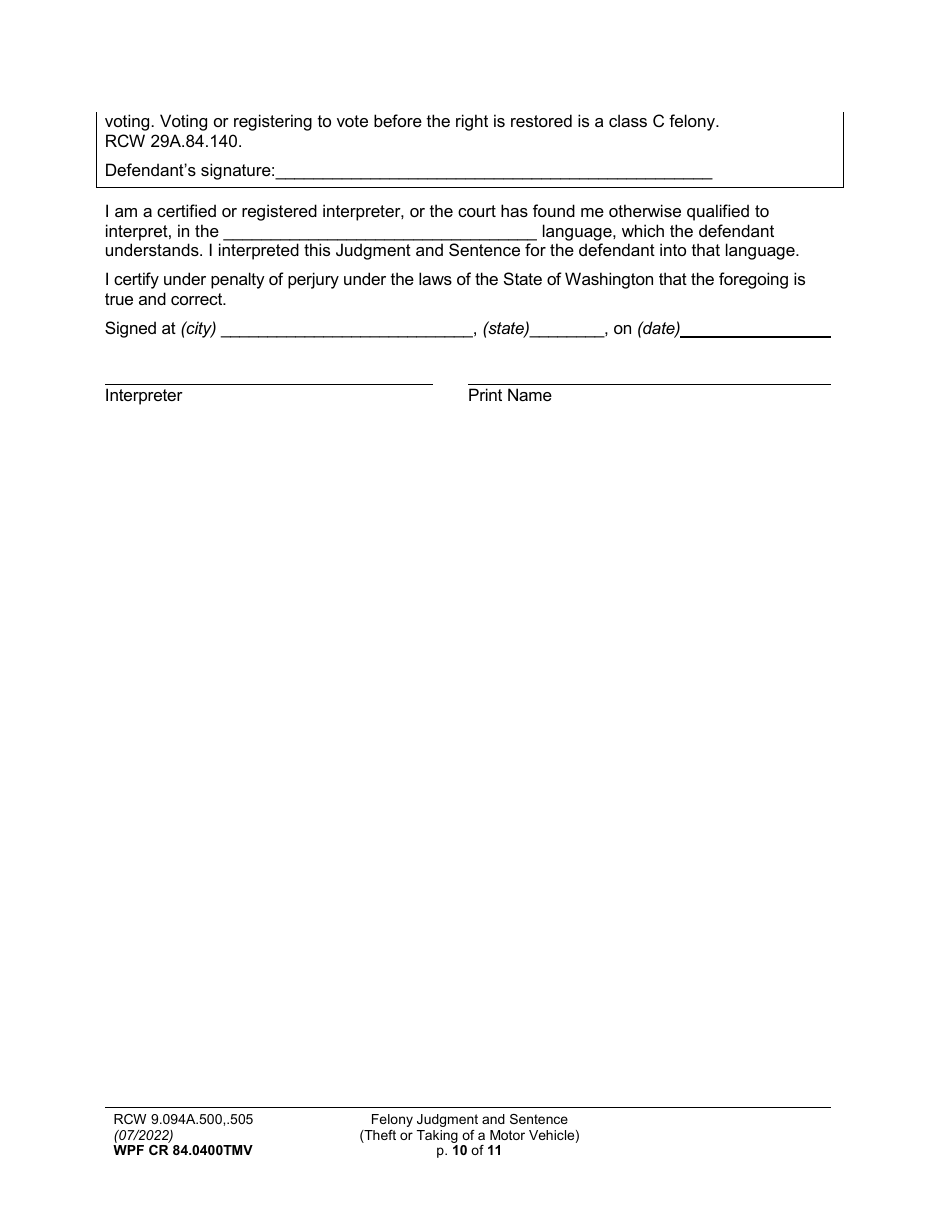 Form WPF CR84.0400 TMV Felony Judgment and Sentence - Theft or Taking of a Motor Vehicle - Washington, Page 10