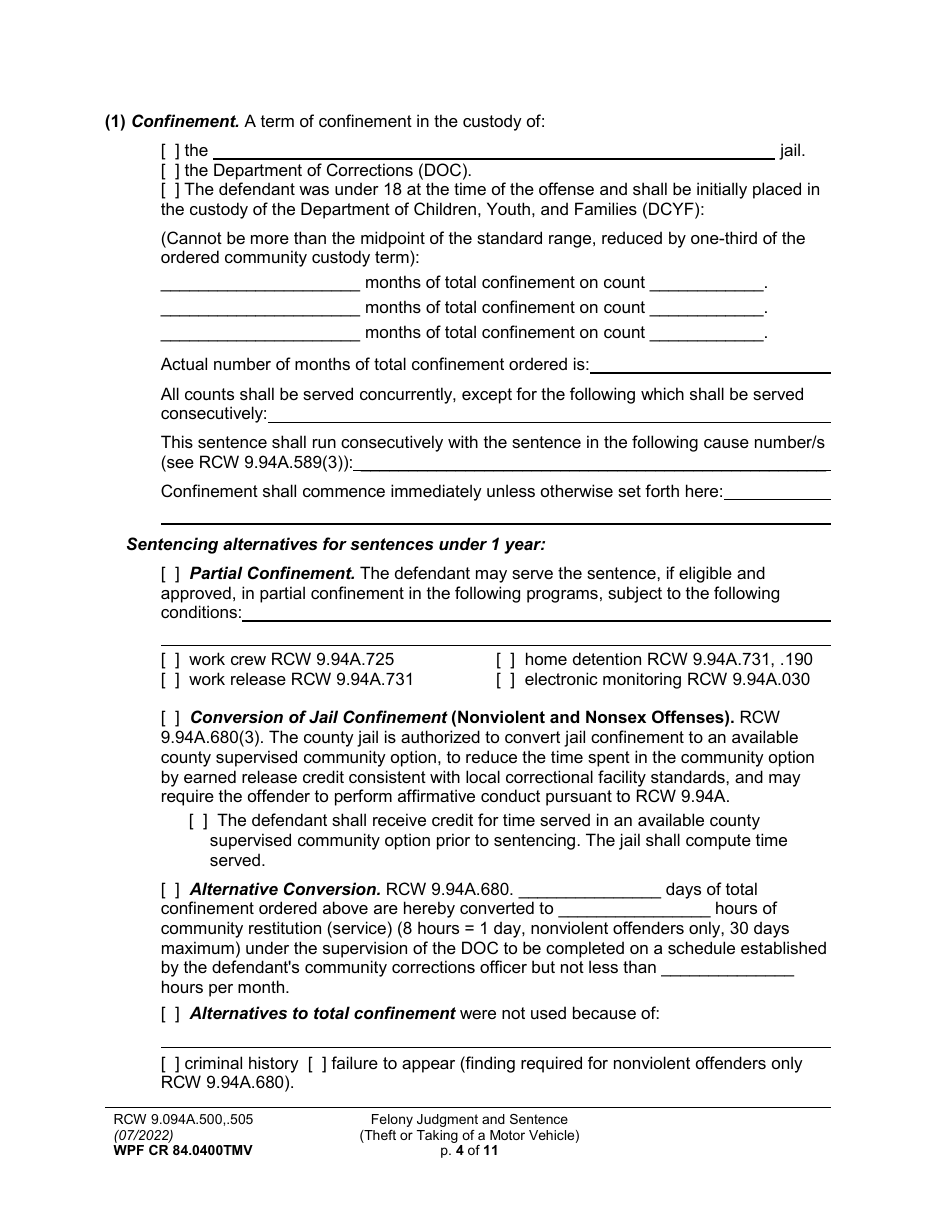 Form WPF CR84.0400 TMV Felony Judgment and Sentence - Theft or Taking of a Motor Vehicle - Washington, Page 4