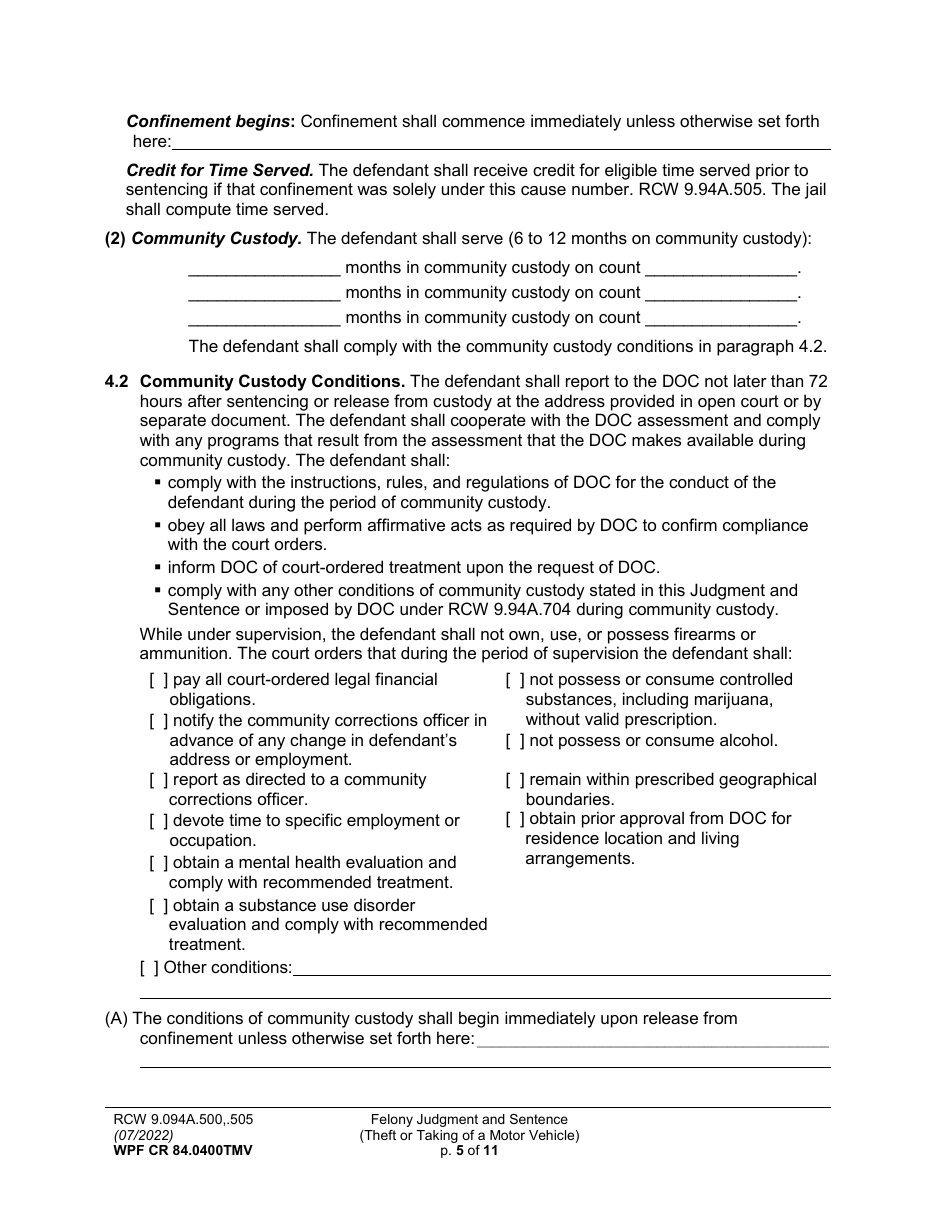 Form WPF CR84.0400 TMV Felony Judgment and Sentence - Theft or Taking of a Motor Vehicle - Washington, Page 5