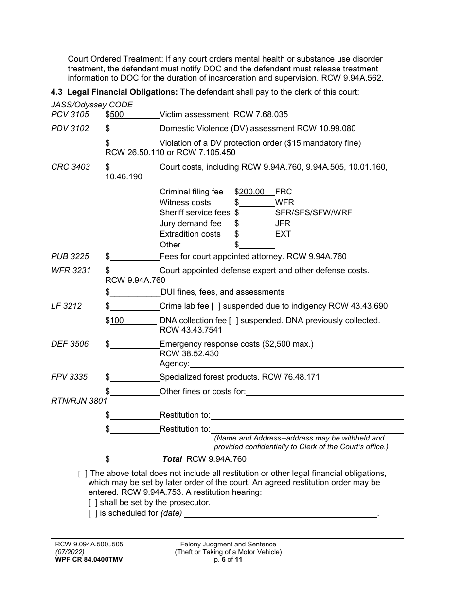 Form WPF CR84.0400 TMV Felony Judgment and Sentence - Theft or Taking of a Motor Vehicle - Washington, Page 6