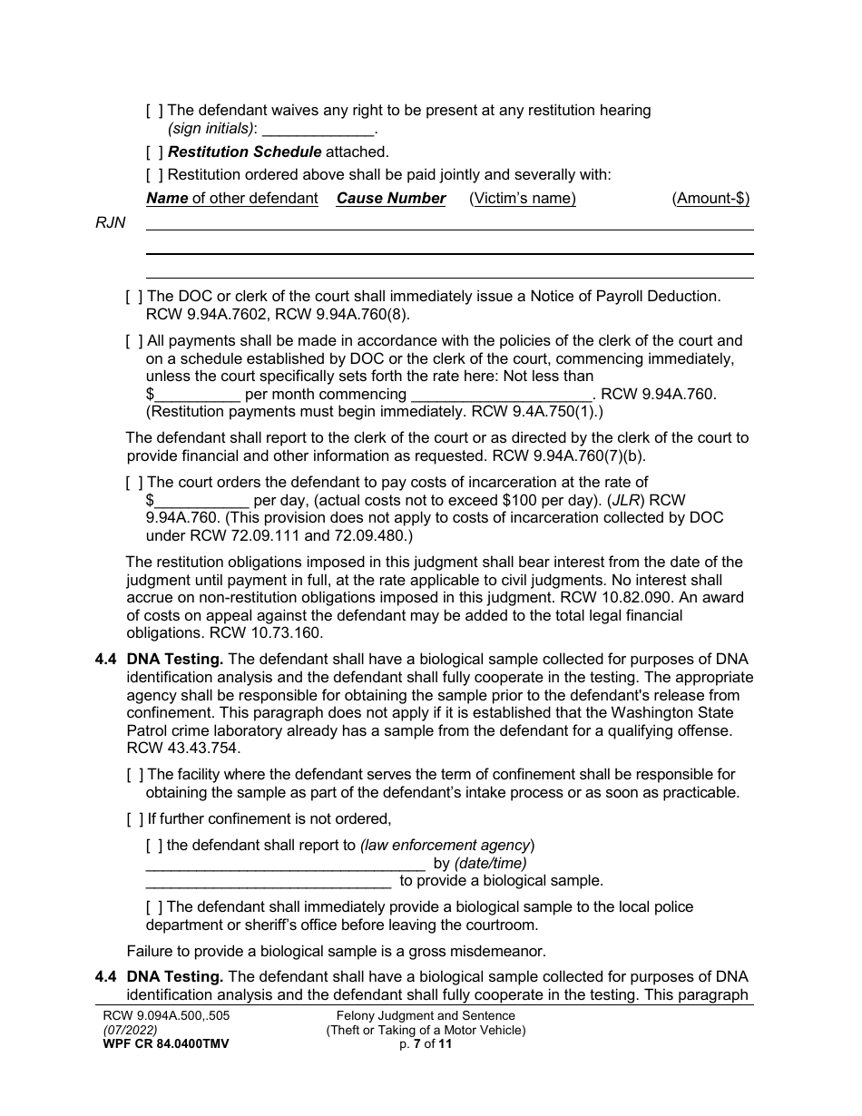Form WPF CR84.0400 TMV Felony Judgment and Sentence - Theft or Taking of a Motor Vehicle - Washington, Page 7