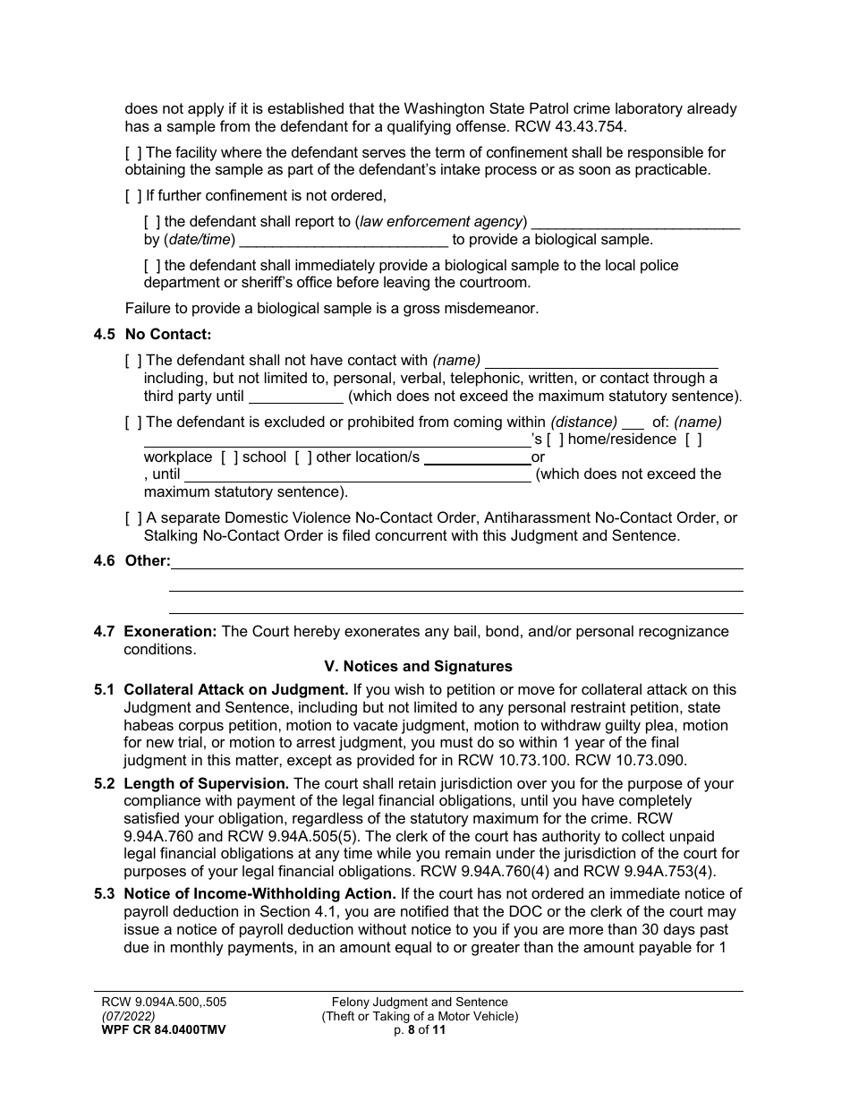 Form WPF CR84.0400 TMV Felony Judgment and Sentence - Theft or Taking of a Motor Vehicle - Washington, Page 8
