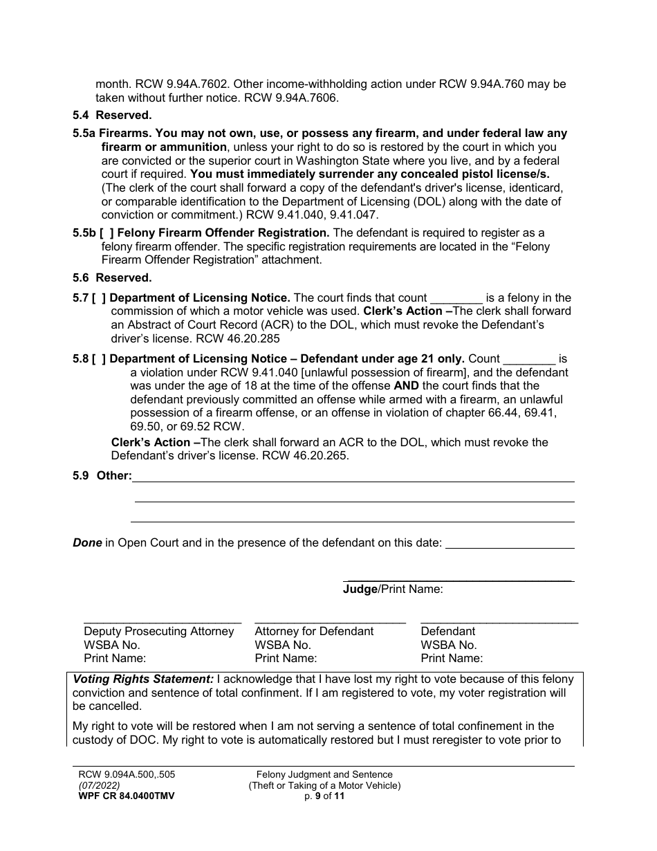 Form WPF CR84.0400 TMV Felony Judgment and Sentence - Theft or Taking of a Motor Vehicle - Washington, Page 9