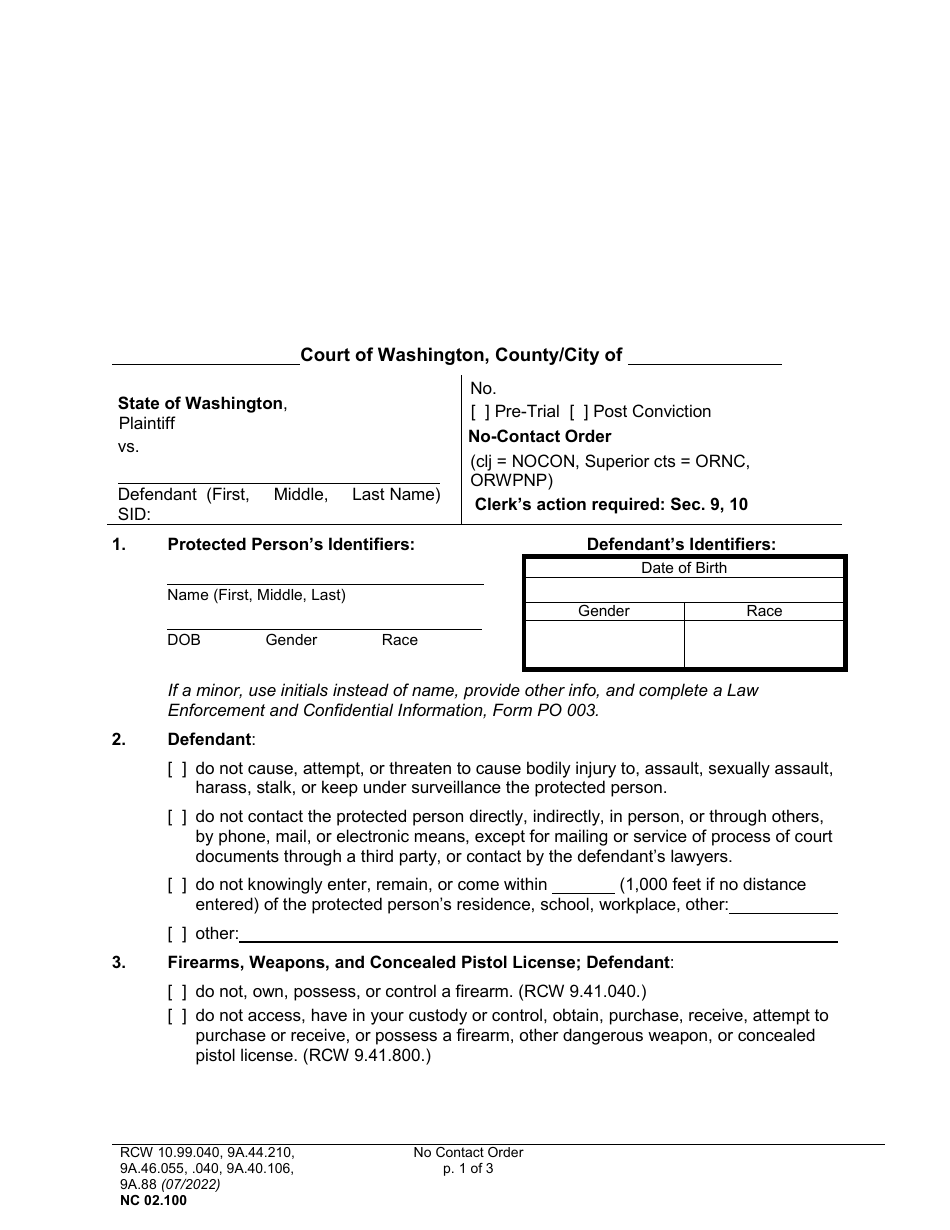 Form NC02.100 No-Contact Order - Washington, Page 1