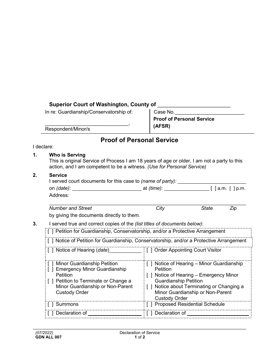 Form GDN ALL007 Proof of Personal Service - Washington, Page 1