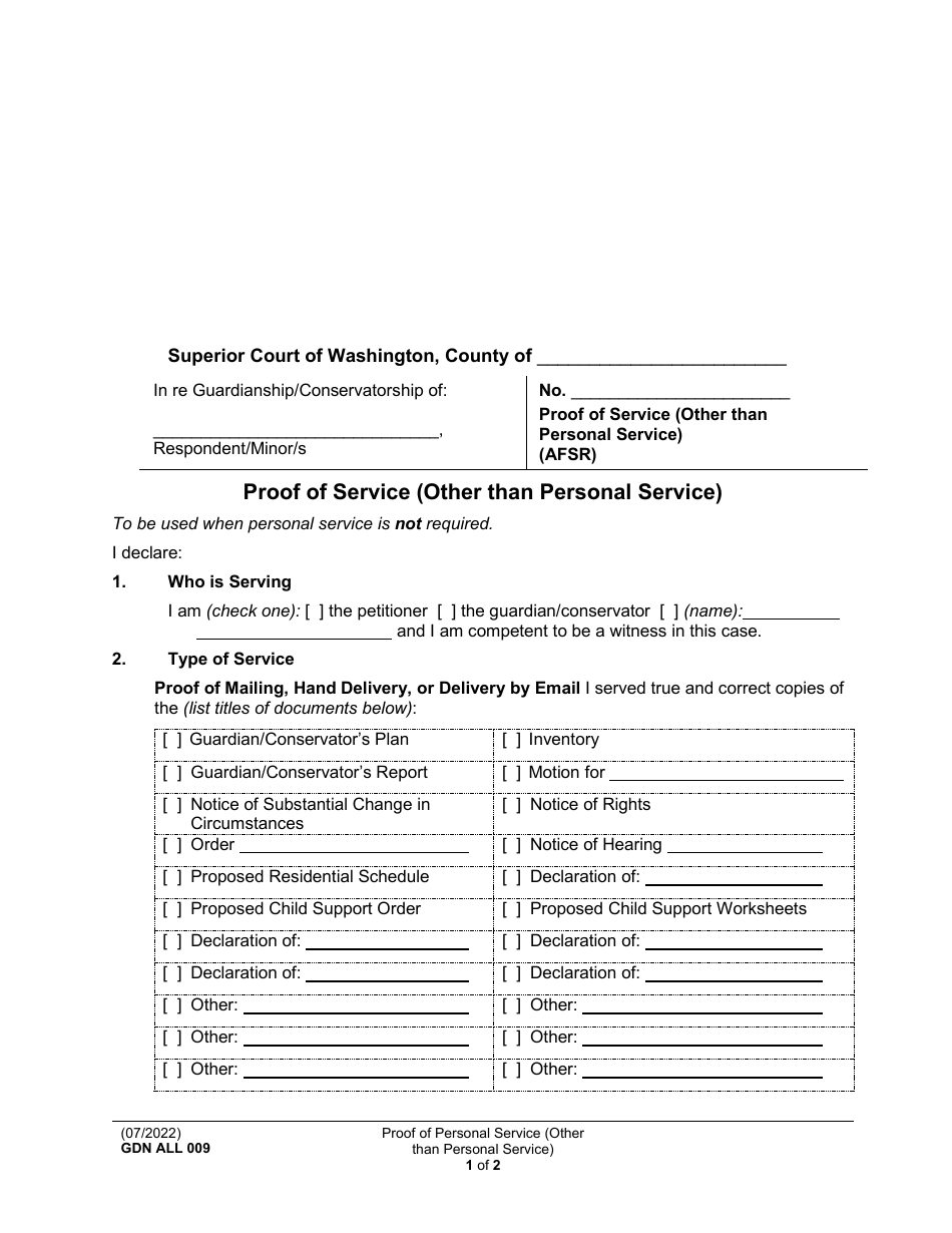 Form GDN ALL009 Proof of Service (Other Than Personal Service) - Washington, Page 1