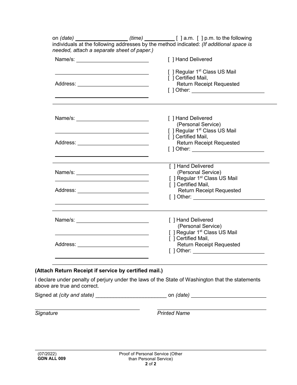 Form GDN ALL009 Proof of Service (Other Than Personal Service) - Washington, Page 2