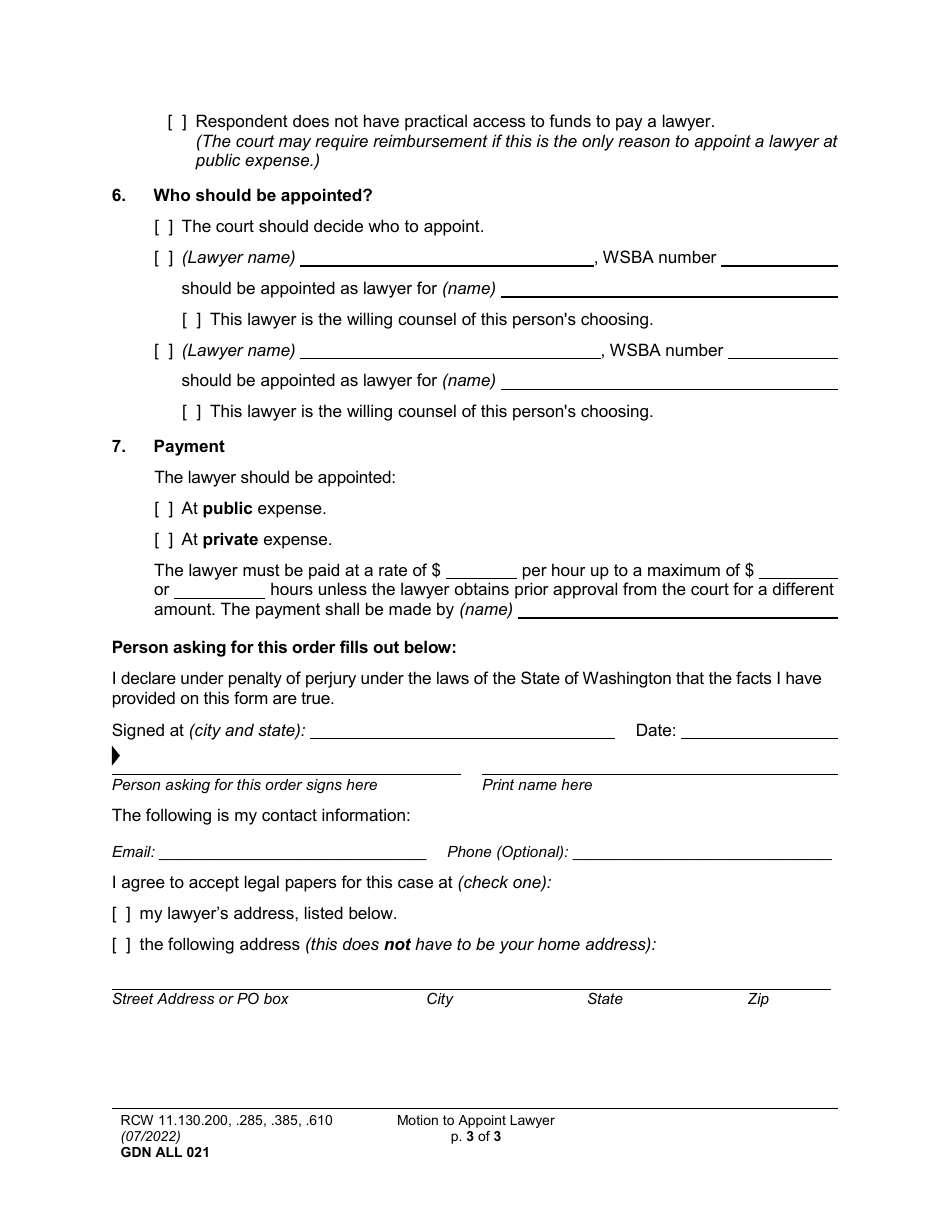 Form GDN ALL021 Motion to Appoint Lawyer - Washington, Page 3