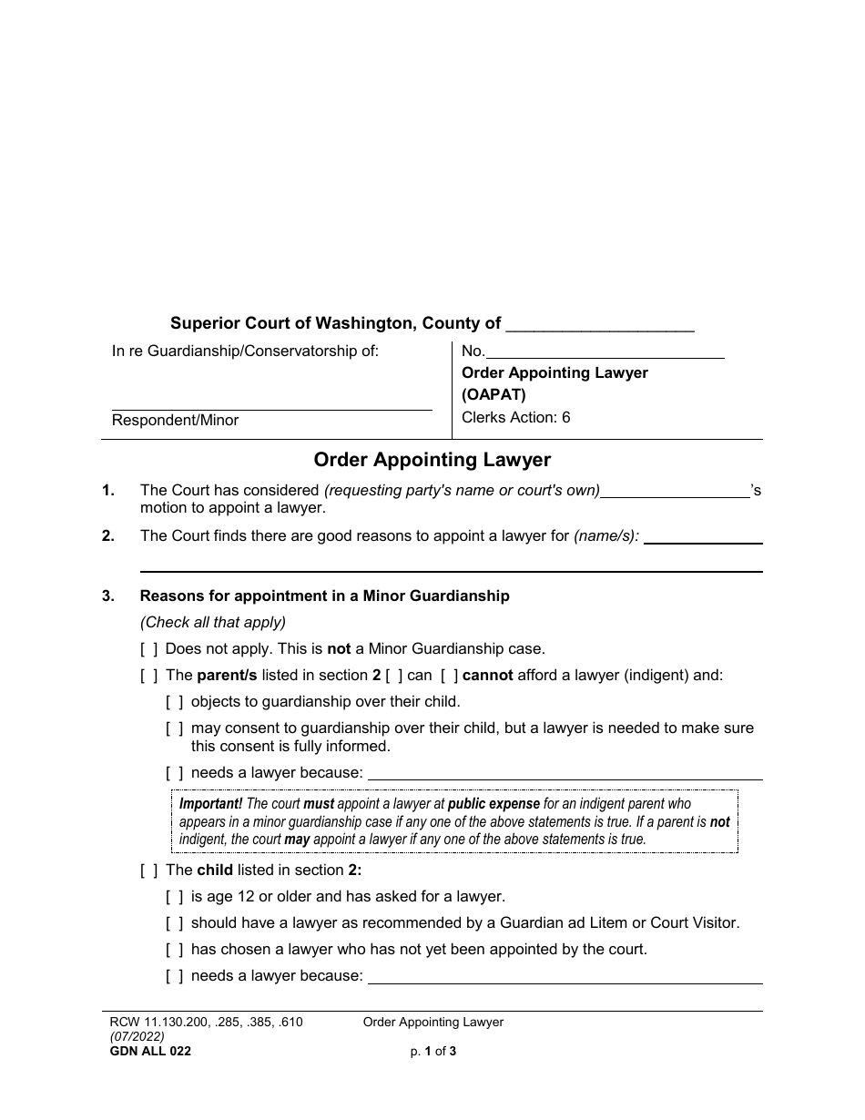 Form GDN ALL022 Order Appointing Lawyer - Washington, Page 1