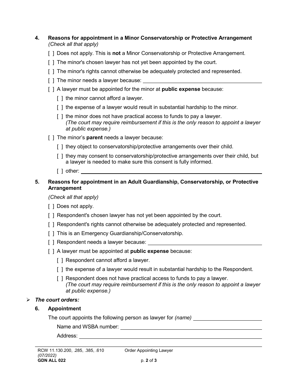 Form GDN ALL022 Order Appointing Lawyer - Washington, Page 2