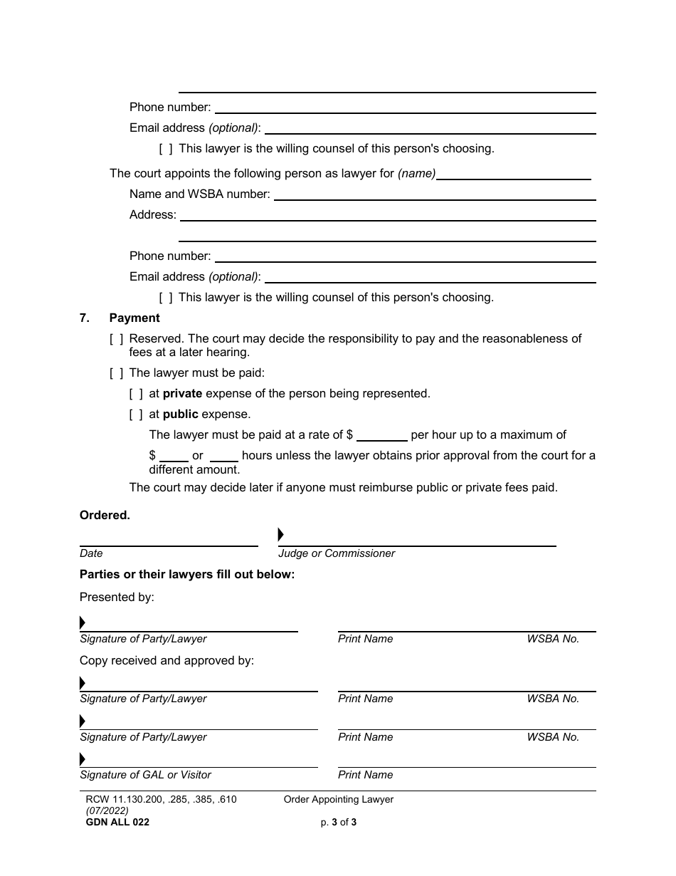 Form GDN ALL022 Order Appointing Lawyer - Washington, Page 3