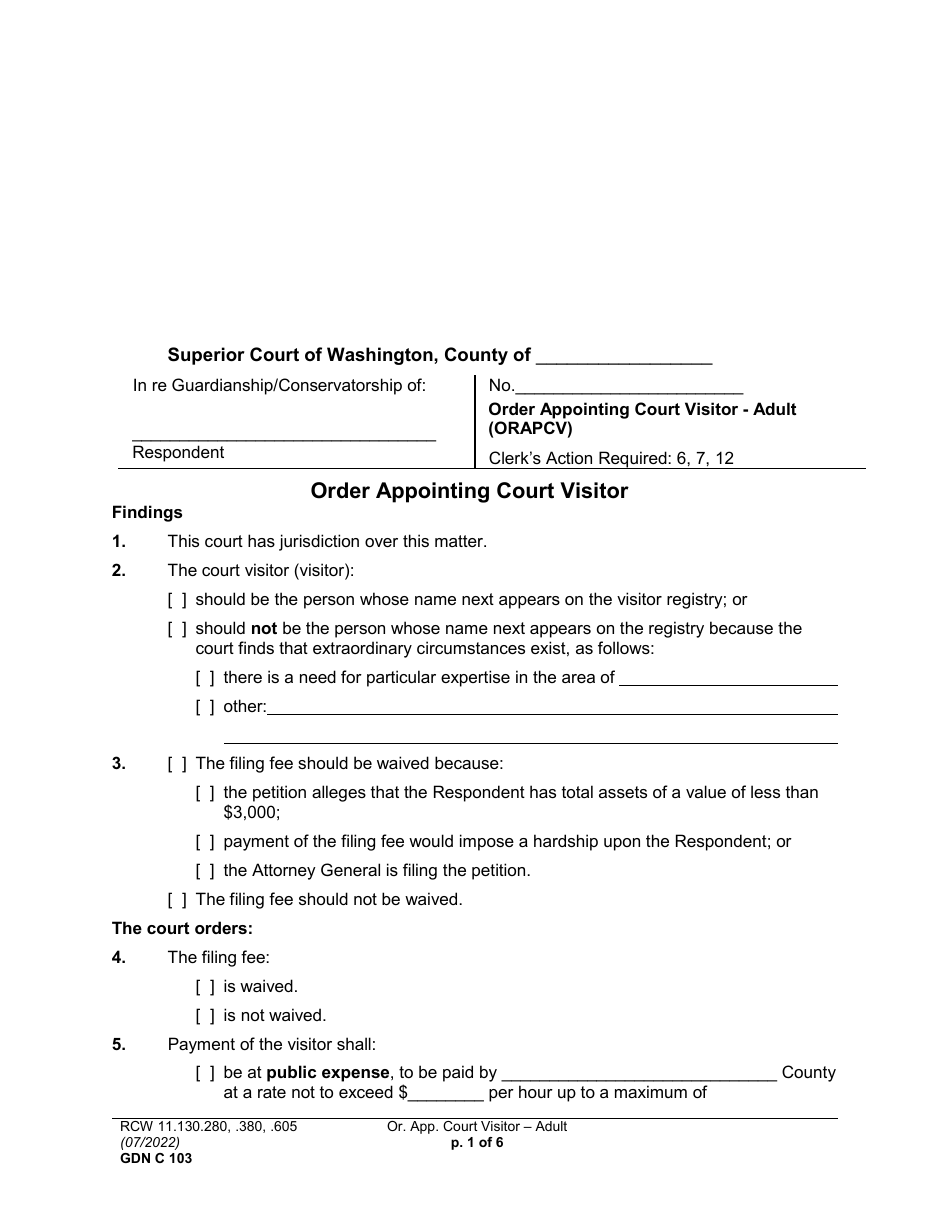 Form GDN C103 Order Appointing Court Visitor - Washington, Page 1