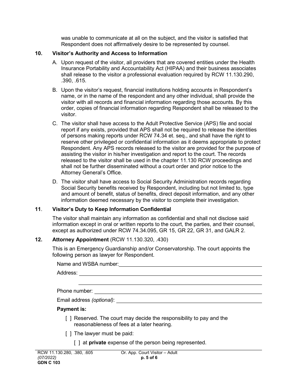 Form GDN C103 Order Appointing Court Visitor - Washington, Page 5