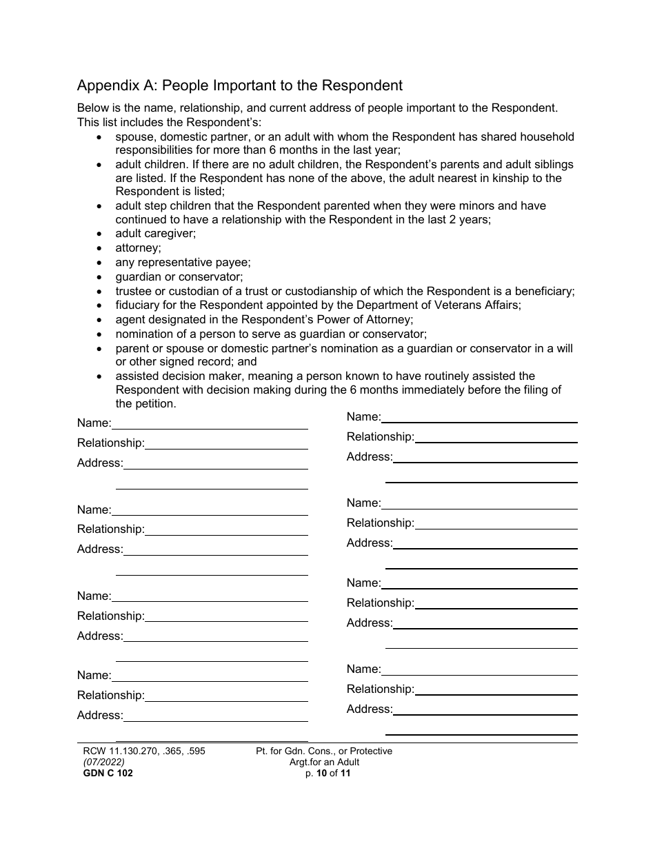 Form GDN C102 Petition for Guardianship, Conservatorship, or Protective Arrangement of an Adult - Washington, Page 10