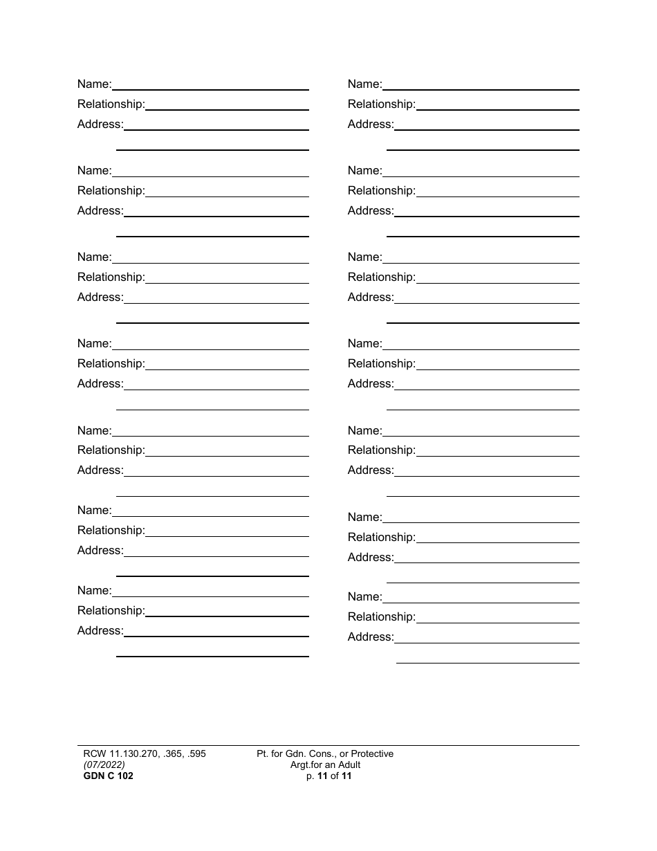 Form GDN C102 Petition for Guardianship, Conservatorship, or Protective Arrangement of an Adult - Washington, Page 11