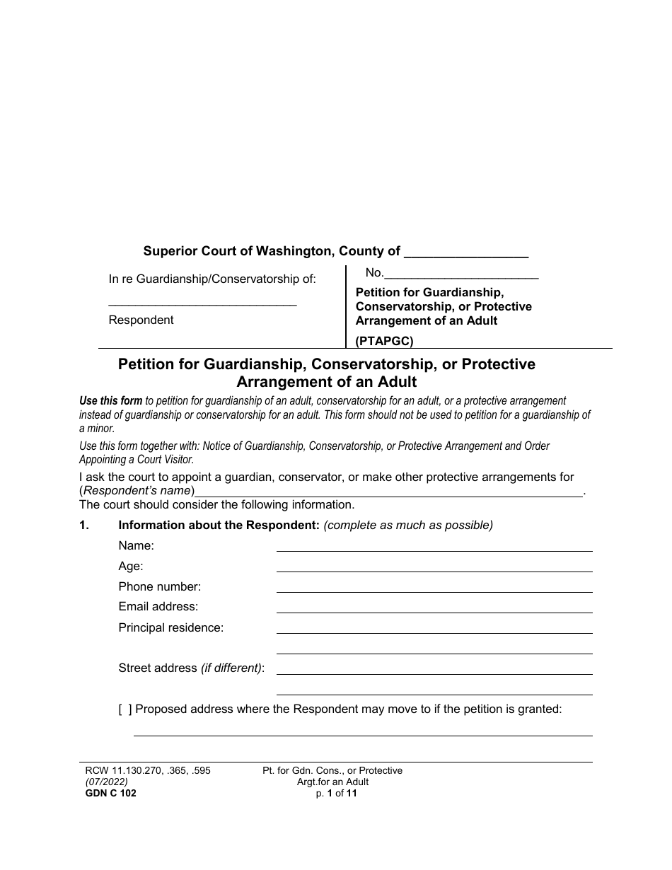 Form GDN C102 Petition for Guardianship, Conservatorship, or Protective Arrangement of an Adult - Washington, Page 1