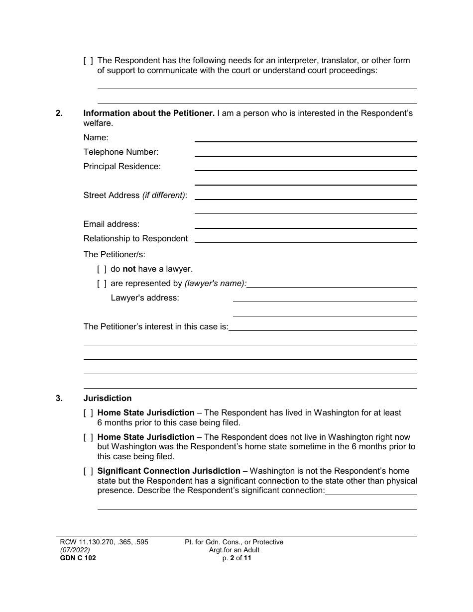 Form GDN C102 Petition for Guardianship, Conservatorship, or Protective Arrangement of an Adult - Washington, Page 2