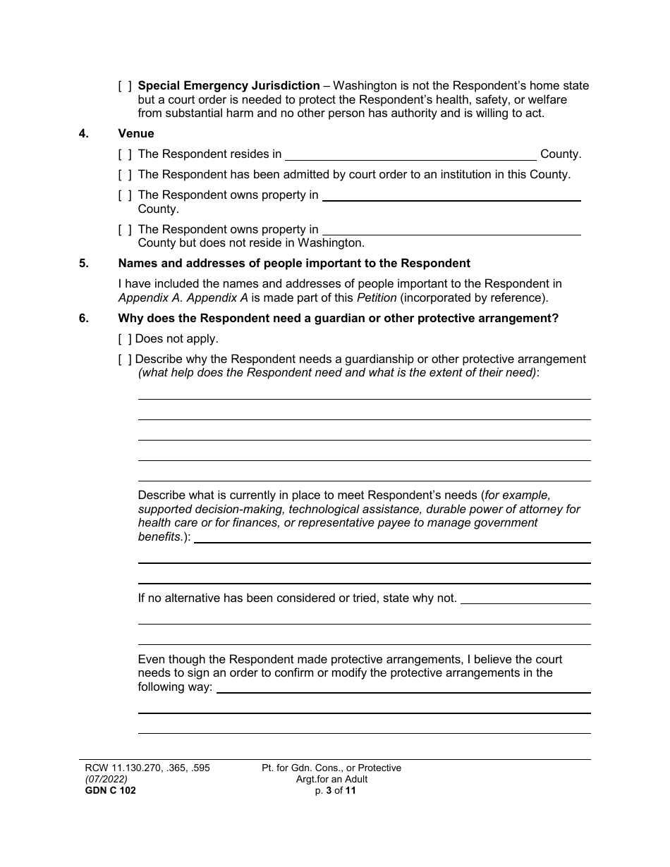 Form GDN C102 Petition for Guardianship, Conservatorship, or Protective Arrangement of an Adult - Washington, Page 3