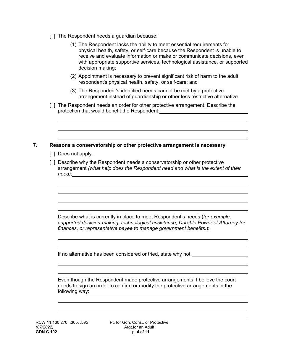 Form GDN C102 Petition for Guardianship, Conservatorship, or Protective Arrangement of an Adult - Washington, Page 4
