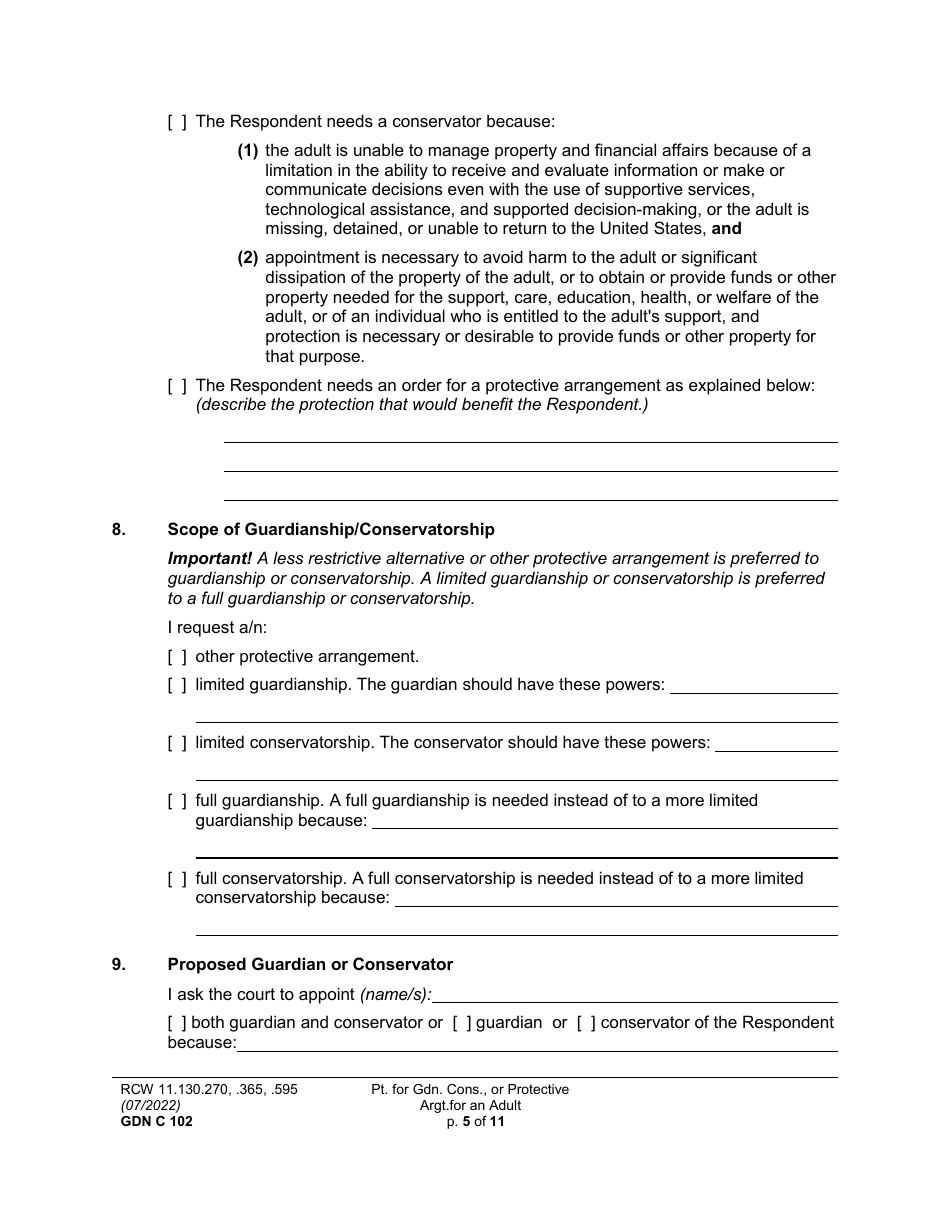 Form GDN C102 Petition for Guardianship, Conservatorship, or Protective Arrangement of an Adult - Washington, Page 5