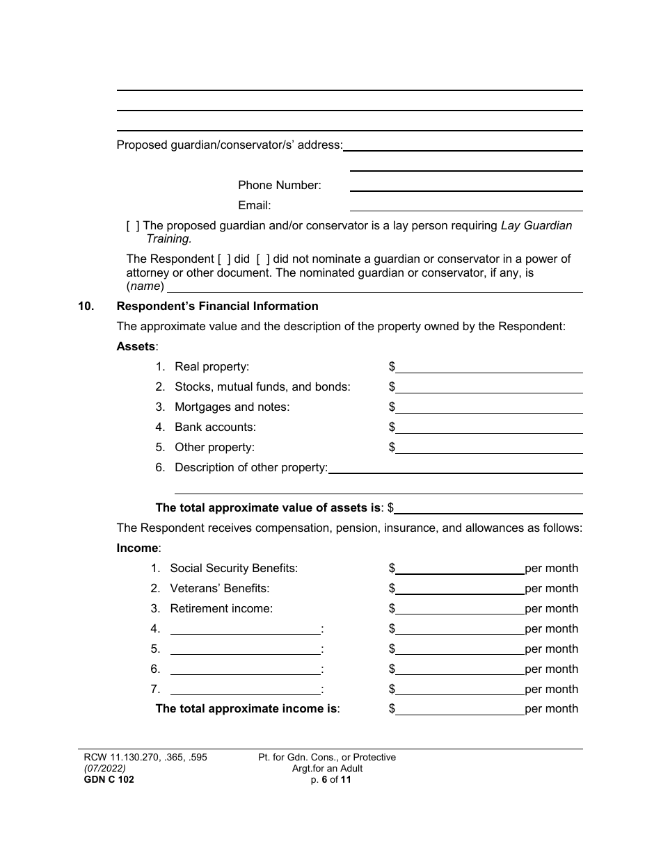 Form GDN C102 Petition for Guardianship, Conservatorship, or Protective Arrangement of an Adult - Washington, Page 6