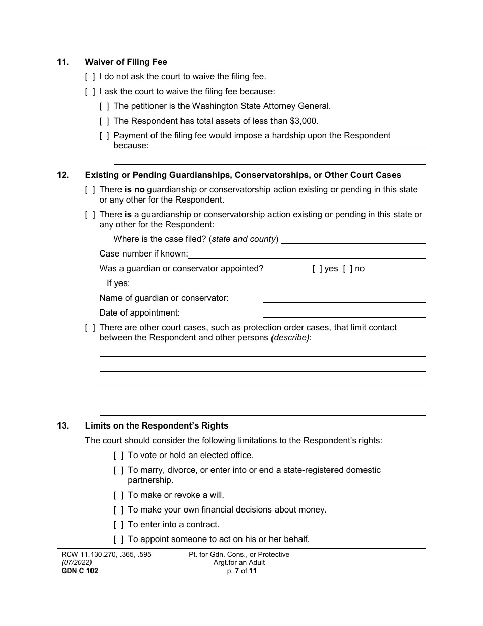 Form GDN C102 Petition for Guardianship, Conservatorship, or Protective Arrangement of an Adult - Washington, Page 7