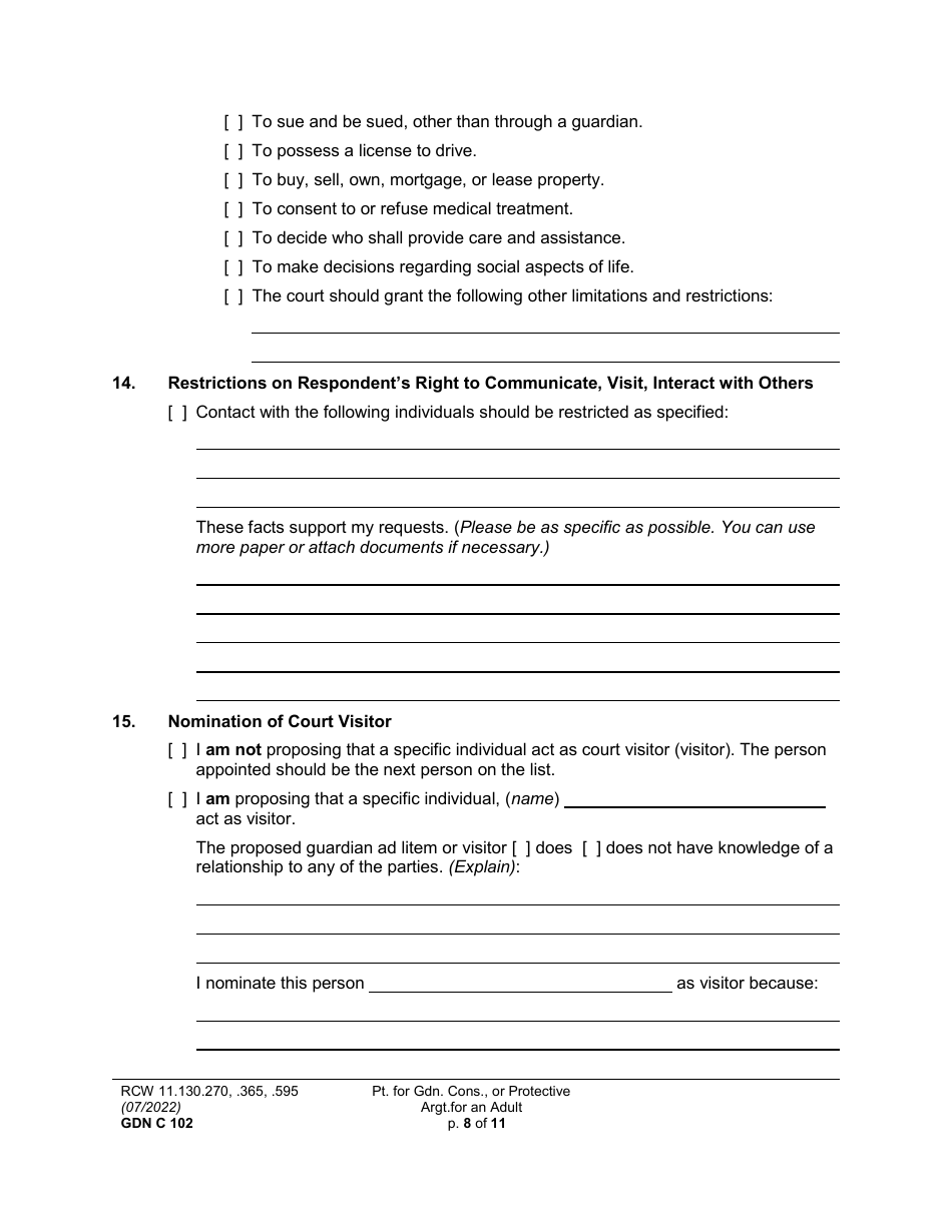 Form GDN C102 Petition for Guardianship, Conservatorship, or Protective Arrangement of an Adult - Washington, Page 8