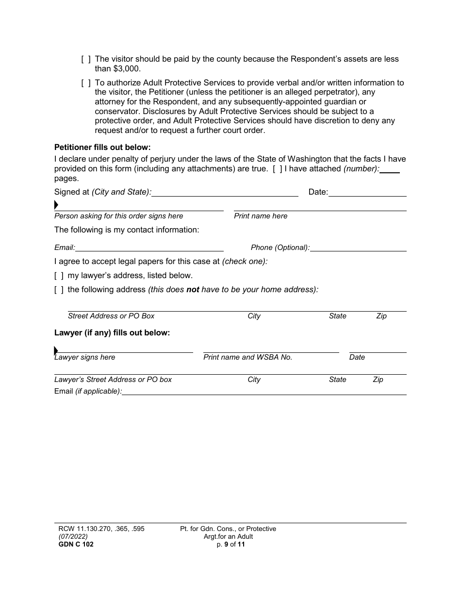 Form GDN C102 Petition for Guardianship, Conservatorship, or Protective Arrangement of an Adult - Washington, Page 9