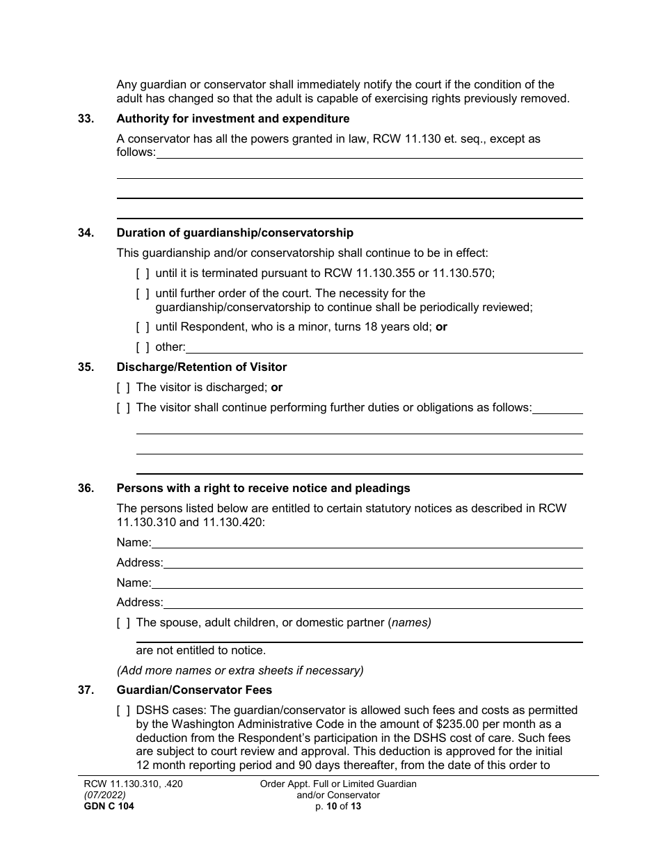 Form GDN C104 Order Appointing Full or Limited Guardian and / or Conservator - Washington, Page 10