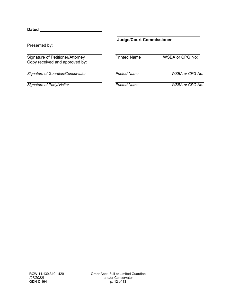 Form GDN C104 Order Appointing Full or Limited Guardian and / or Conservator - Washington, Page 12