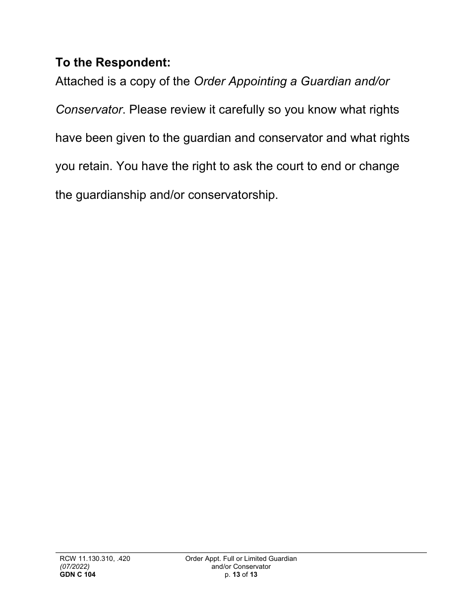 Form GDN C104 Order Appointing Full or Limited Guardian and / or Conservator - Washington, Page 13