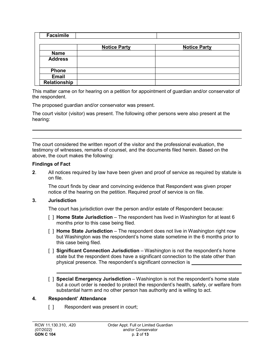 Form GDN C104 Order Appointing Full or Limited Guardian and / or Conservator - Washington, Page 2