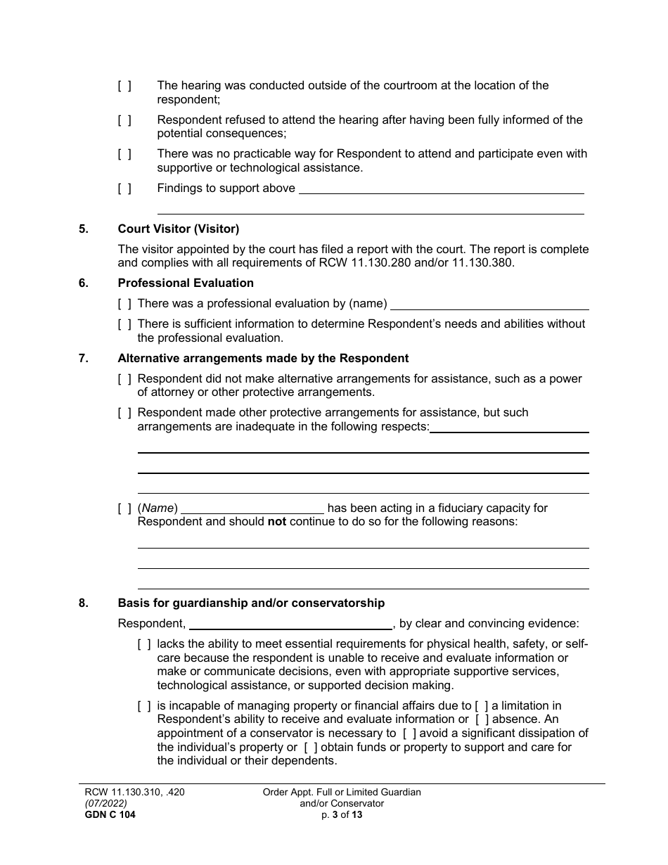 Form GDN C104 Order Appointing Full or Limited Guardian and / or Conservator - Washington, Page 3