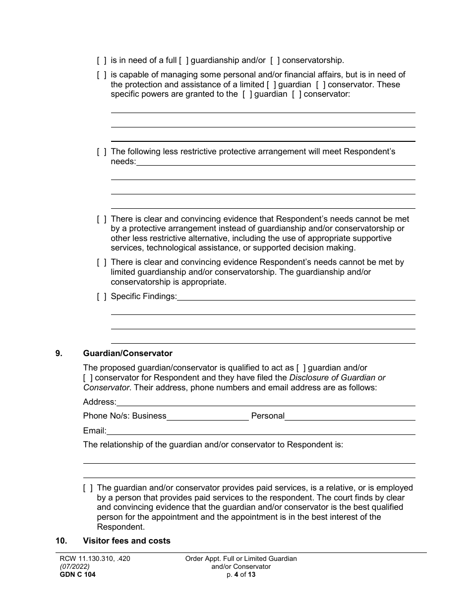 Form GDN C104 Order Appointing Full or Limited Guardian and / or Conservator - Washington, Page 4