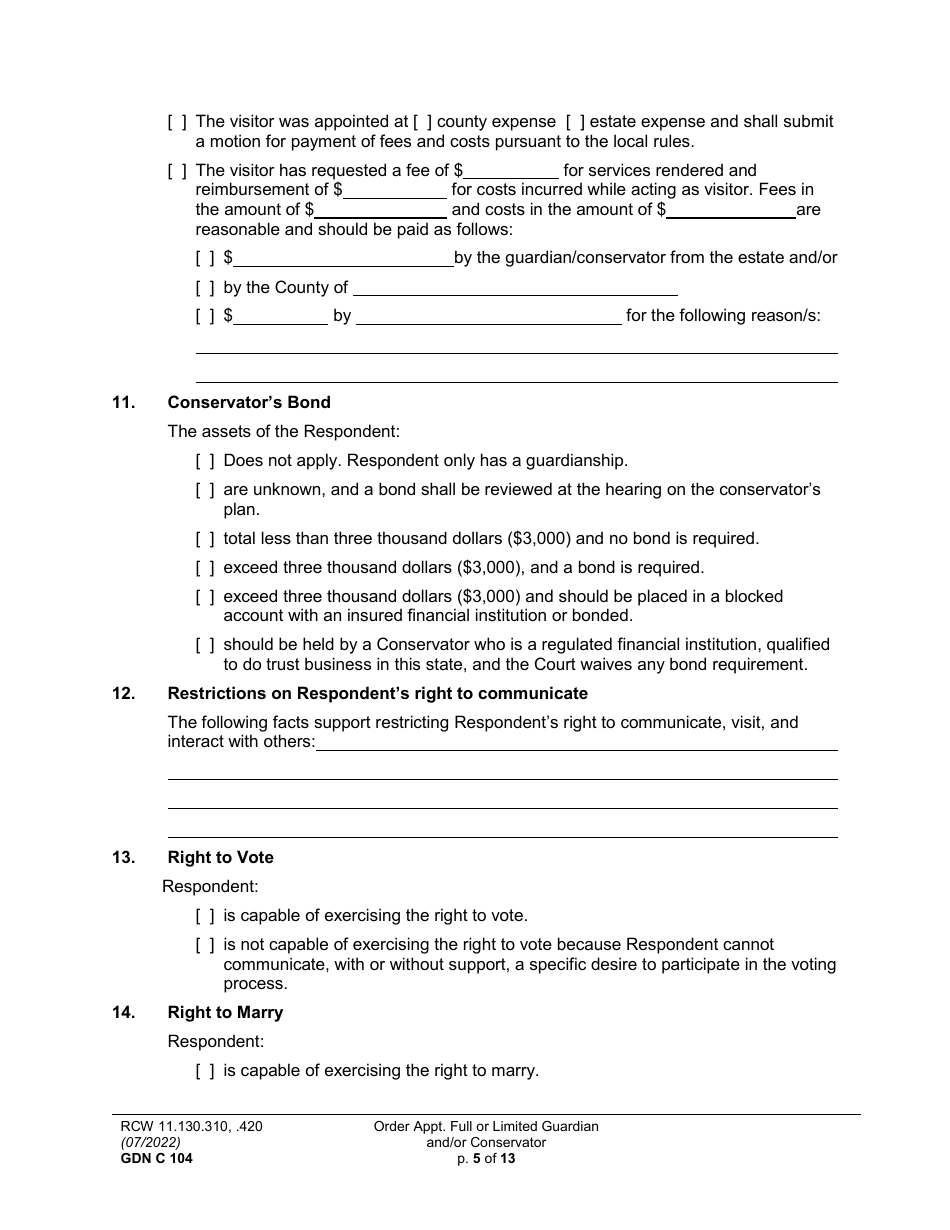 Form GDN C104 Order Appointing Full or Limited Guardian and / or Conservator - Washington, Page 5