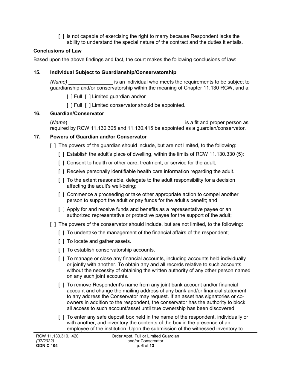 Form GDN C104 Order Appointing Full or Limited Guardian and / or Conservator - Washington, Page 6