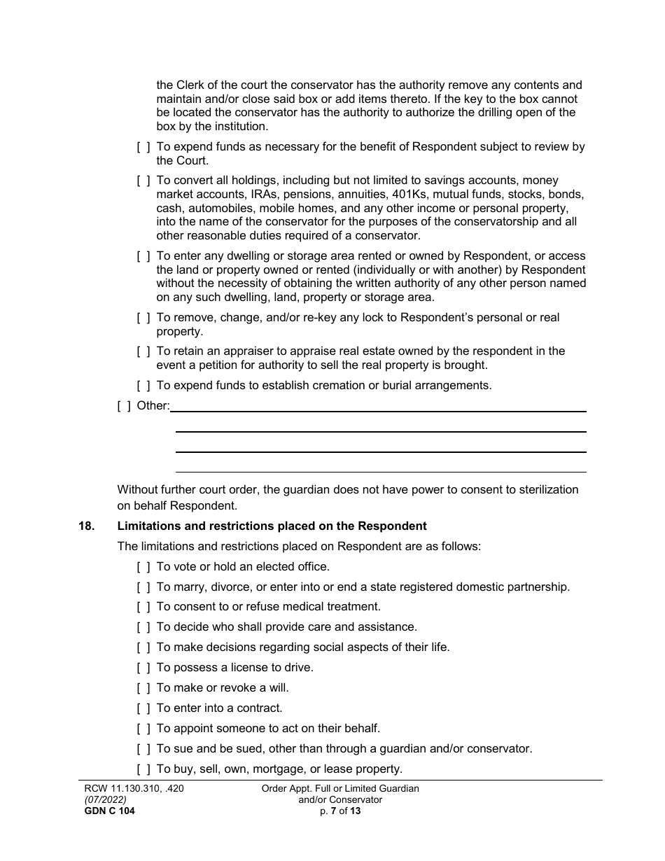 Form GDN C104 Order Appointing Full or Limited Guardian and / or Conservator - Washington, Page 7