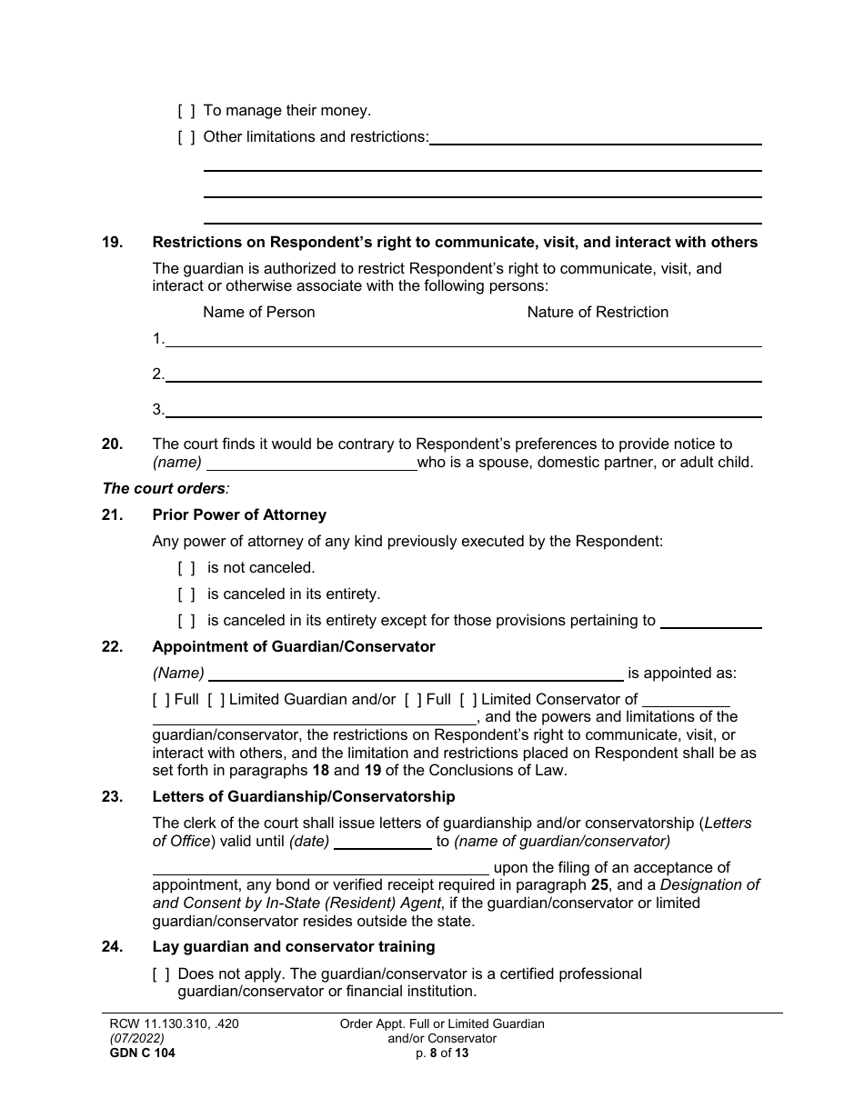 Form GDN C104 Order Appointing Full or Limited Guardian and / or Conservator - Washington, Page 8