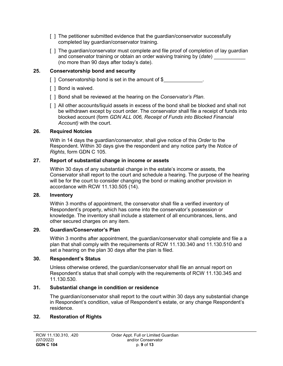 Form GDN C104 Order Appointing Full or Limited Guardian and / or Conservator - Washington, Page 9